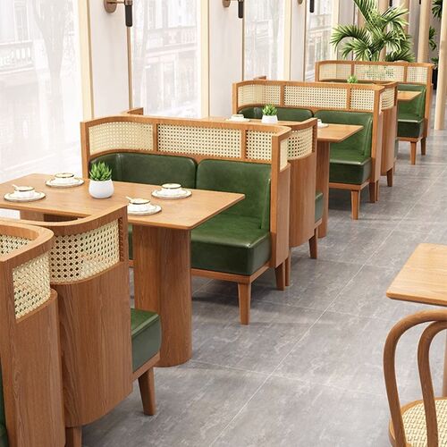 西餐厅编藤卡座沙发咖啡厅店连锁店餐饮家具靠墙商用实Z木桌椅组