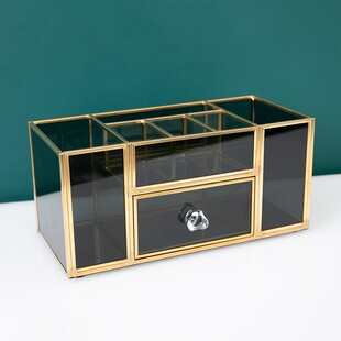 高档轻奢玻璃化妆品收纳盒梳妆台桌面笔刷M桶美甲工具置物架金边