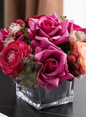 仿真花艺摆件保h湿玫瑰露莲花束客厅摆设桌花轻奢高档房间软装摆