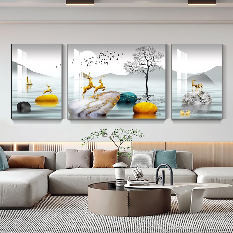 速发简约客厅装饰画高级感福鹿沙发背景画挂画轻墙大气三联奢壁画
