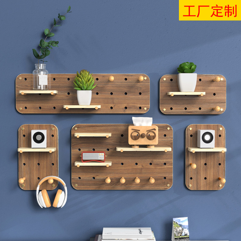 速发实木质洞洞板置物架收墙纳上挂钩厨房书花货玄关卧室展示客厅图片