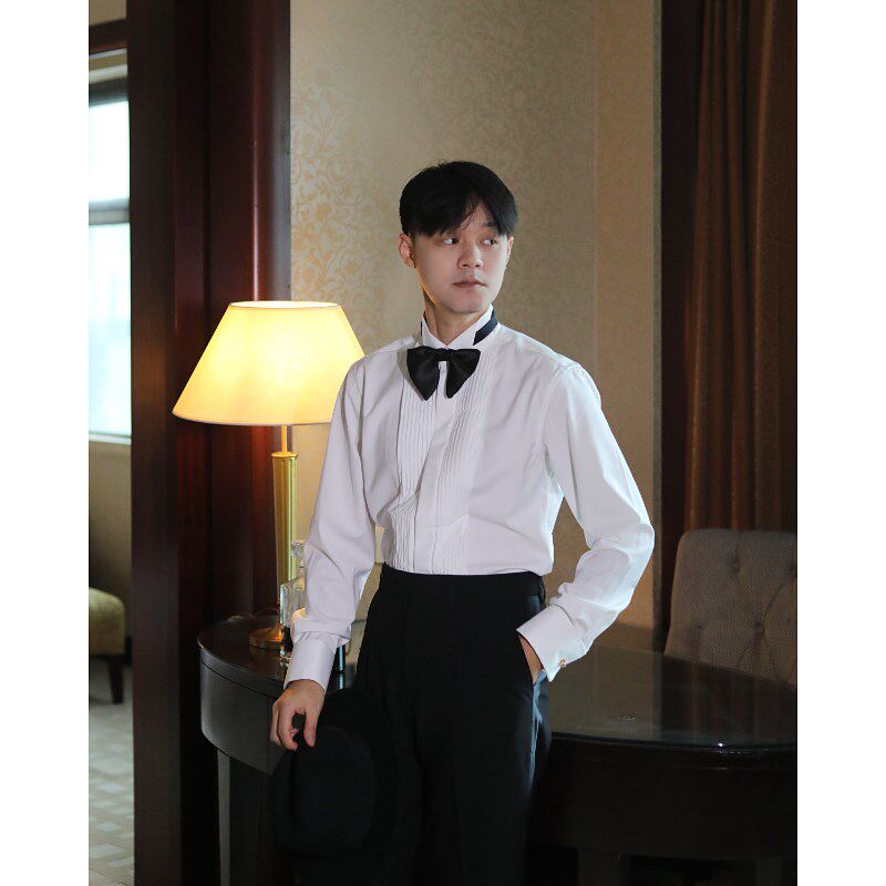速发礼服折叠门襟衬衣 法式翼领宴会新郎伴郎结婚正式白衬衣男士