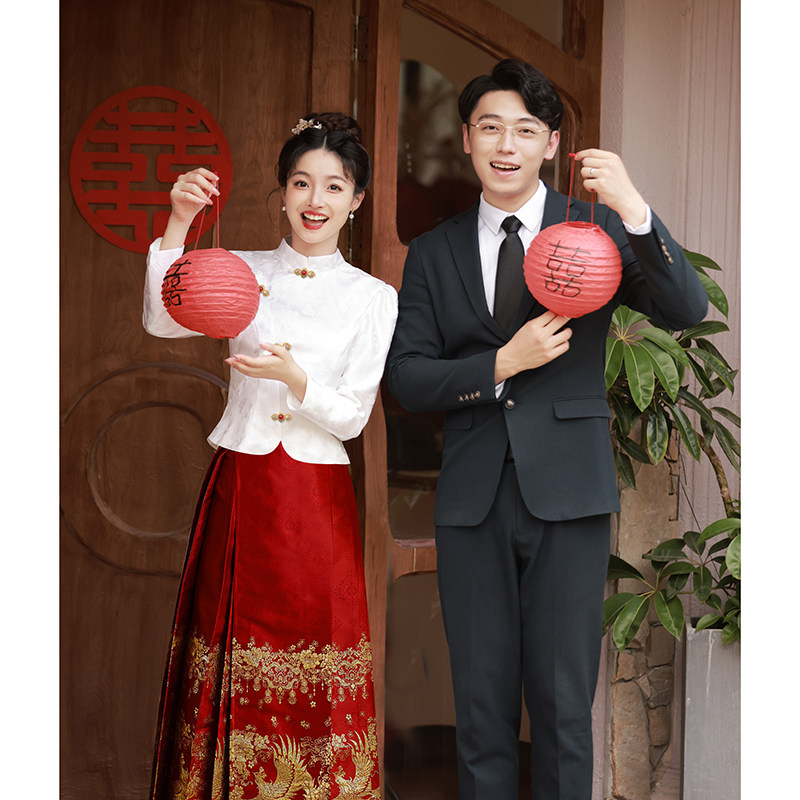 速发马面裙婚服套装订婚服登记敬酒新新娘回门领服结婚证中白色式