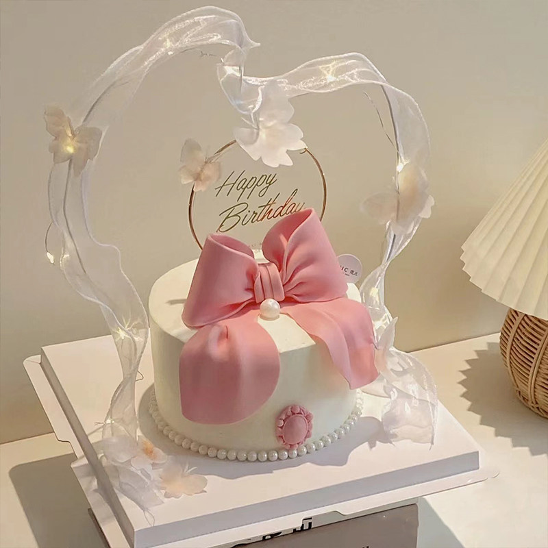 速发网红神生日蛋糕装饰发光飘带摆件粉色糯米纸蝴蝶结仙蛋糕插件