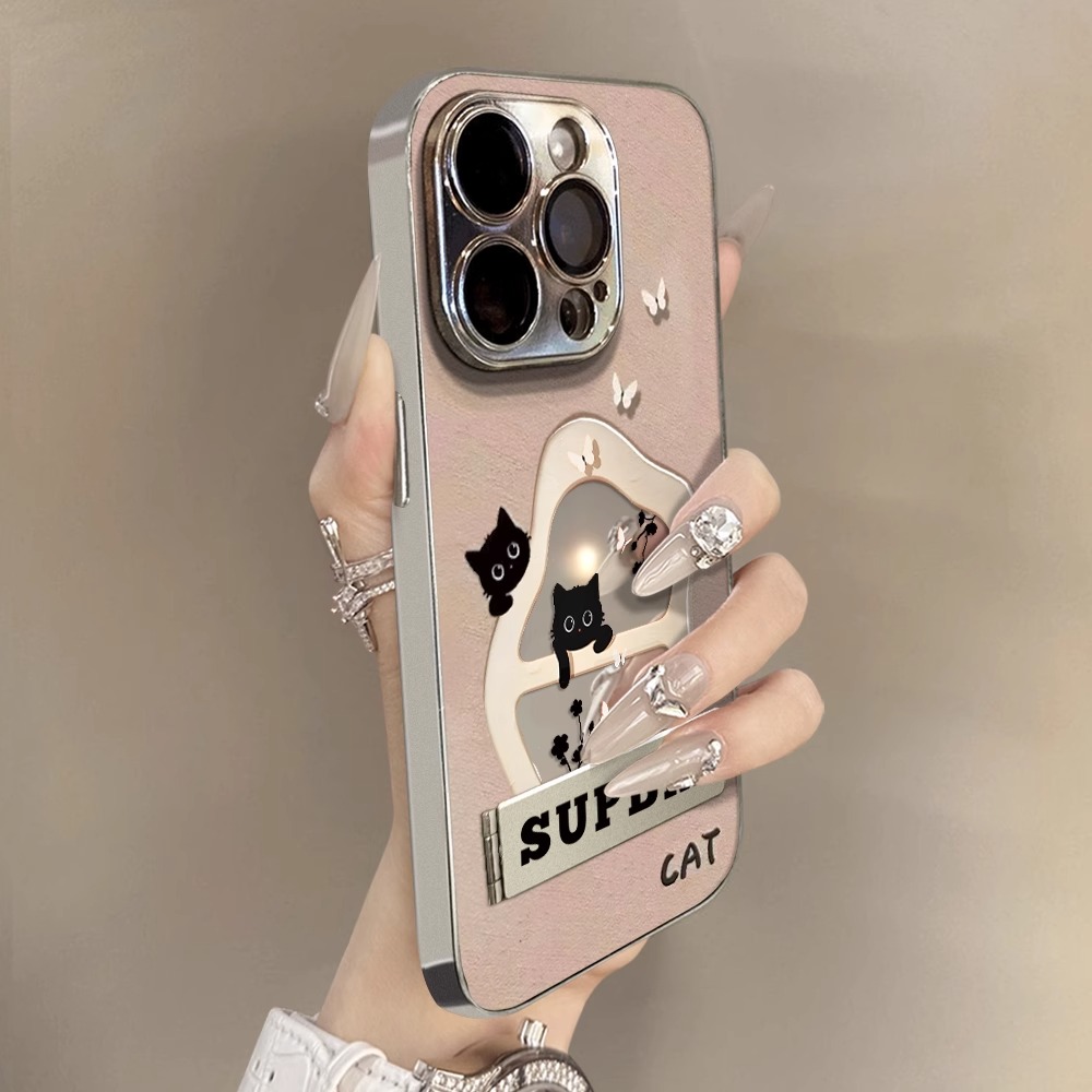 镜面黑猫适用苹果16-7手机壳