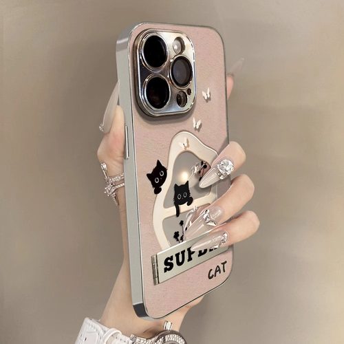 镜面黑猫适用苹果16-7手机壳