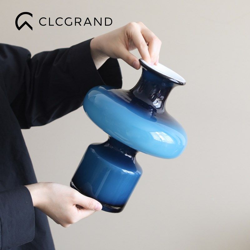 轻奢风蓝色艺术玻璃花瓶摆件客厅鲜花插J花装饰花器高级感餐桌摆,家居饰品,花瓶,淘宝优惠券,粉丝福利购,淘宝优惠卷