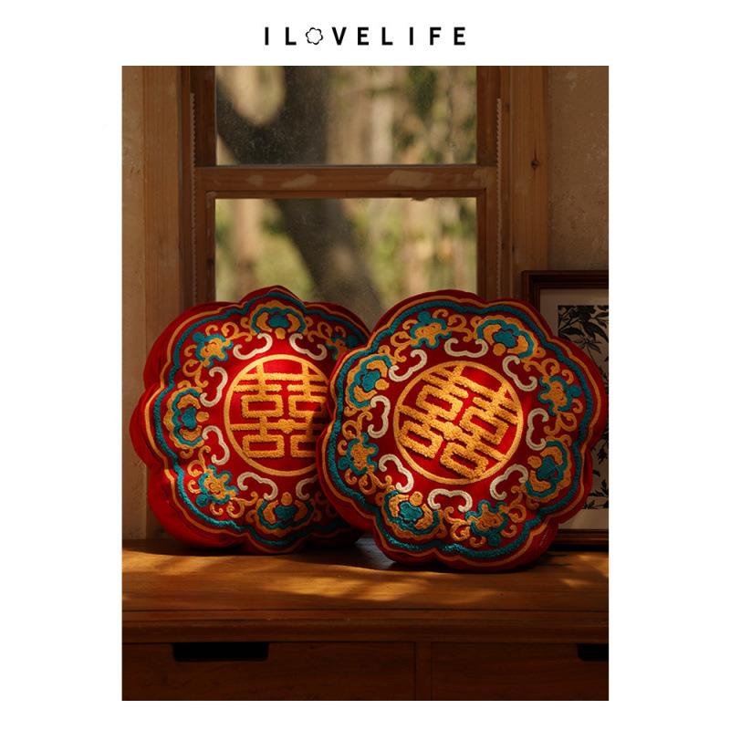 喜字抱枕床结婚一对婚庆色婚房布压红靠置垫订婚F7776SS7新婚