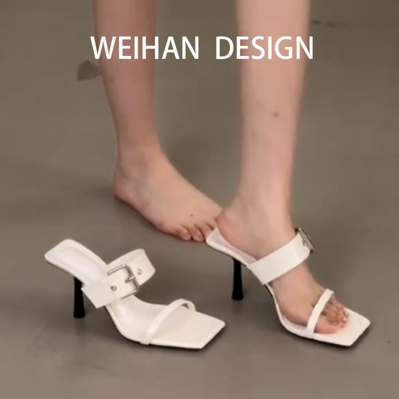 羊皮版！法式简约皮带扣露趾凉鞋方头细跟外穿一脚蹬后空高跟凉拖