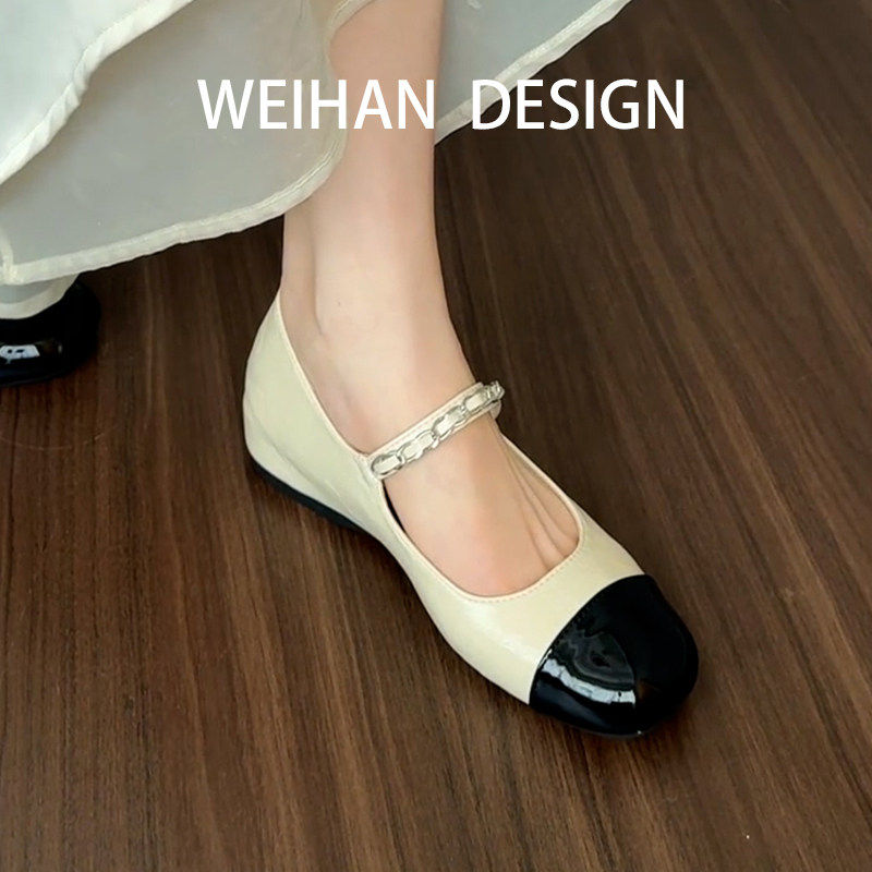 羊皮版！小香风玛丽珍鞋女金属链拼色平底单鞋配裙子内增高小皮鞋