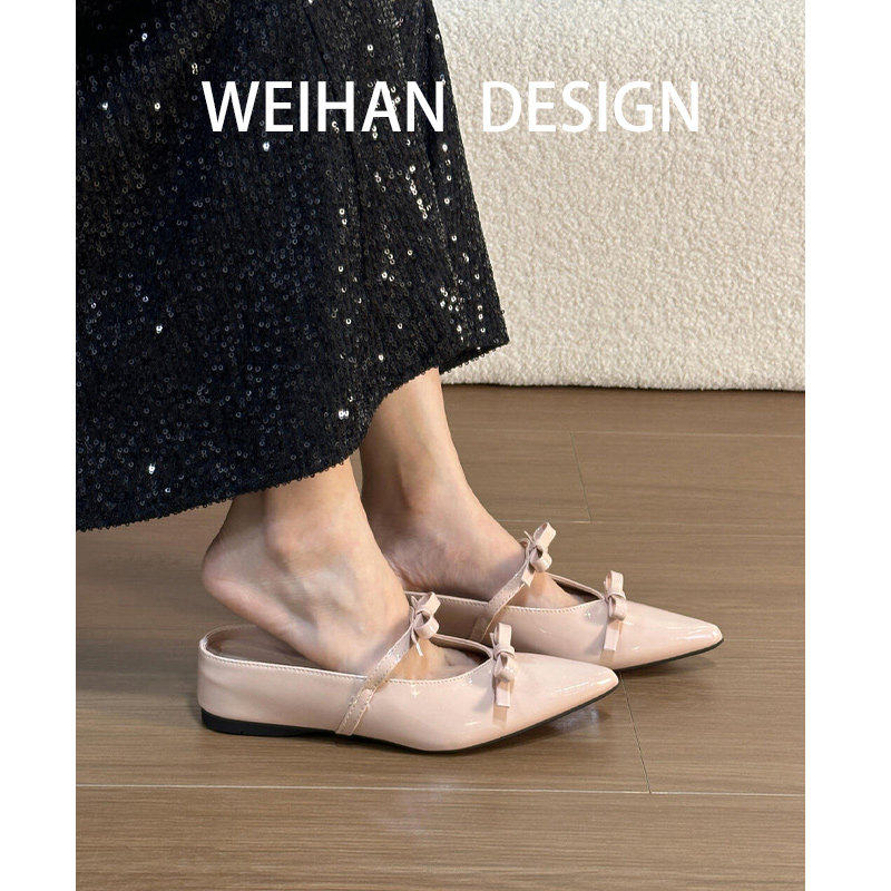 羊皮版！法式甜美包头半拖鞋女夏蝴蝶结内增高尖头平底一字带凉鞋