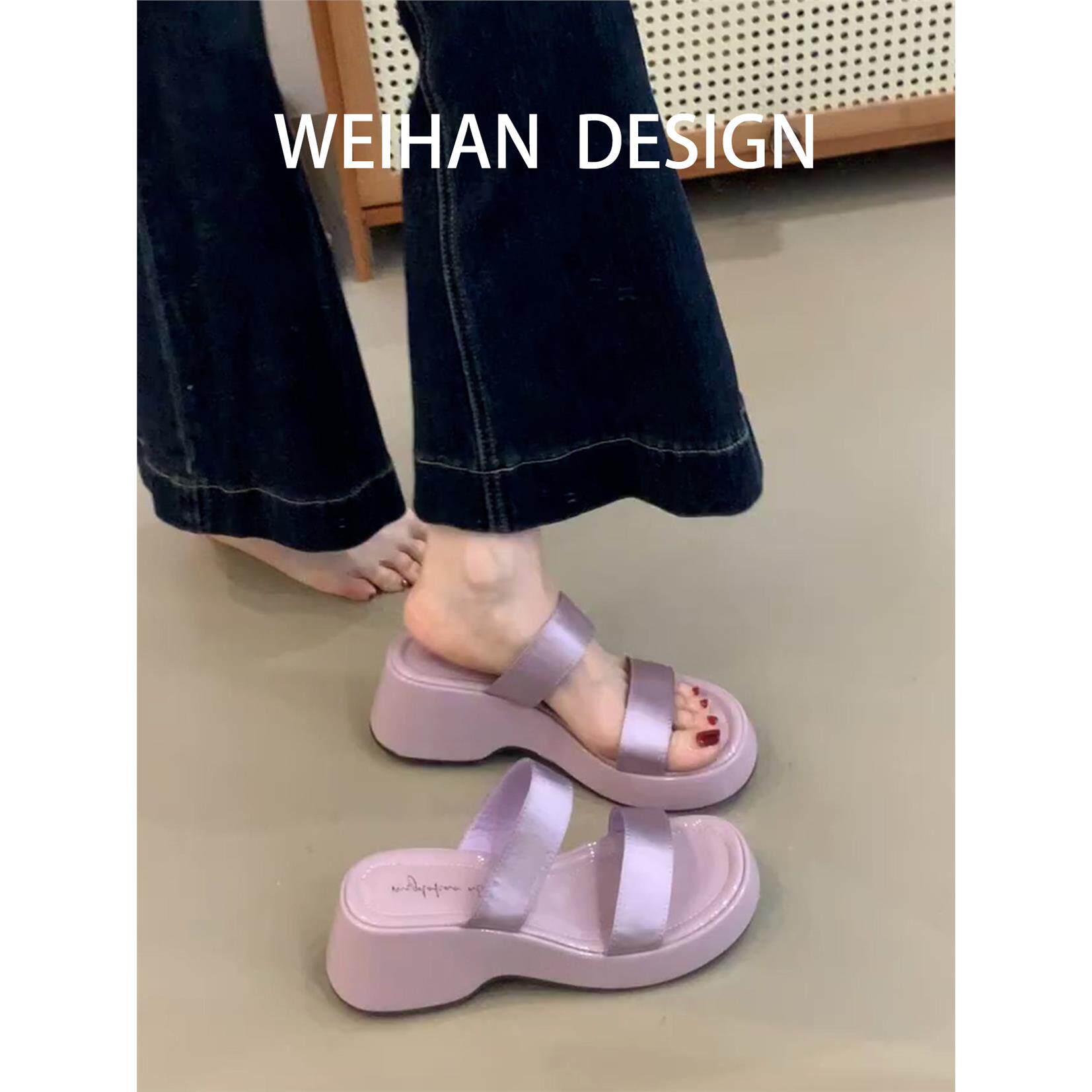 羊皮版！法式通勤厚底露趾凉鞋女夏外穿一脚蹬甜美增高后空凉拖鞋