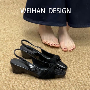 粗跟蝴蝶结坡跟不累脚后空单鞋 羊皮版 女夏季 晚晚风包头凉鞋 法式