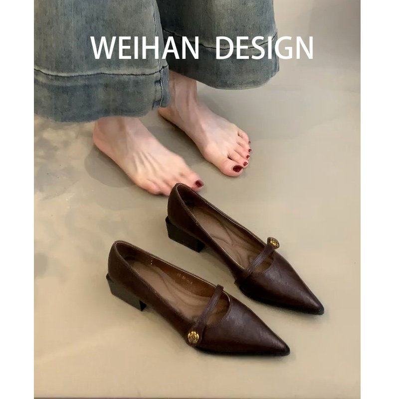 羊皮版！尖头粗跟浅口单鞋女法式复古高跟鞋一字带玛丽珍鞋小皮鞋