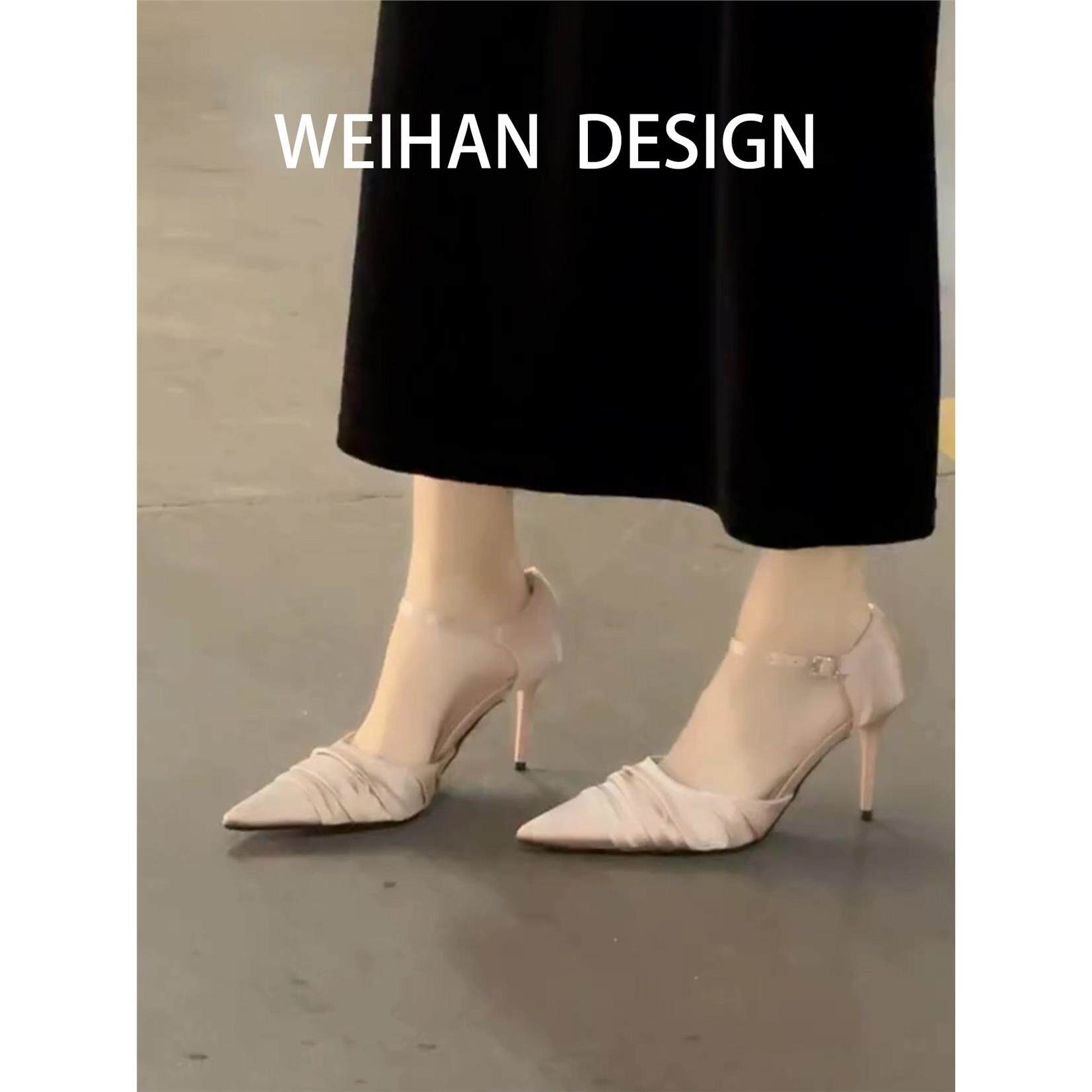 羊皮版！一字带尖头皱褶性感高跟鞋温柔绸缎粉色细跟春夏中空凉鞋