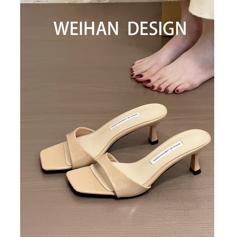 羊皮版！法式裸色高跟鞋女夏方头细跟露趾一字拖鞋外穿气质凉拖鞋