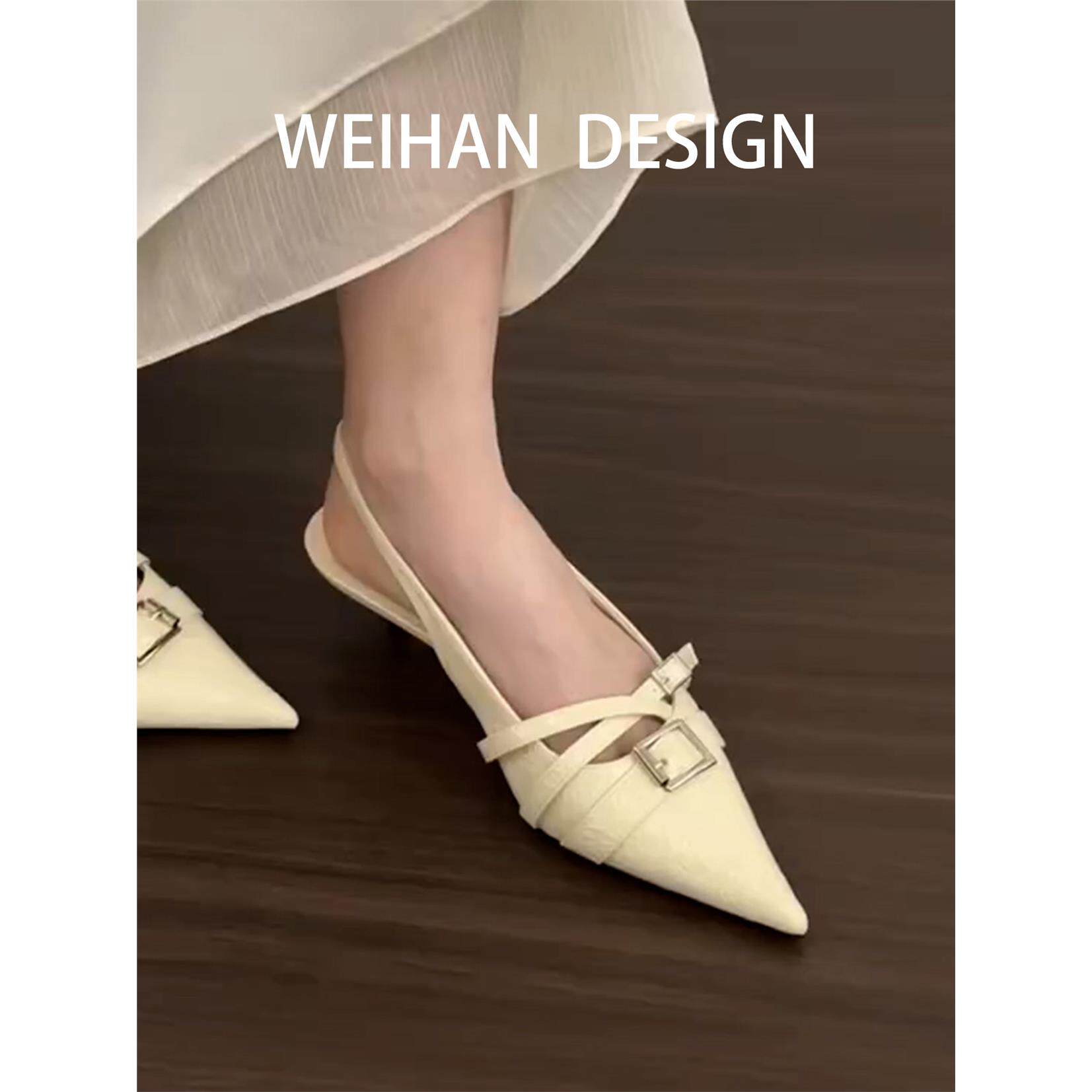 羊皮版！仙女小众设计感尖头高跟鞋女小清新温柔气质后空细跟凉鞋