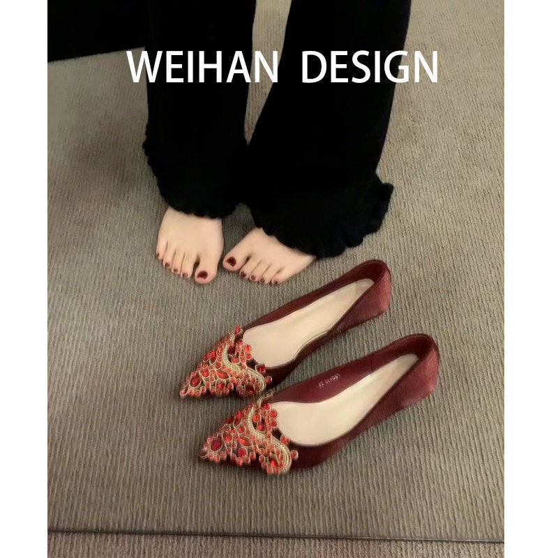 羊皮版！法式婚鞋新娘鞋主婚纱低跟高跟鞋女尖头细跟红色秀禾单鞋
