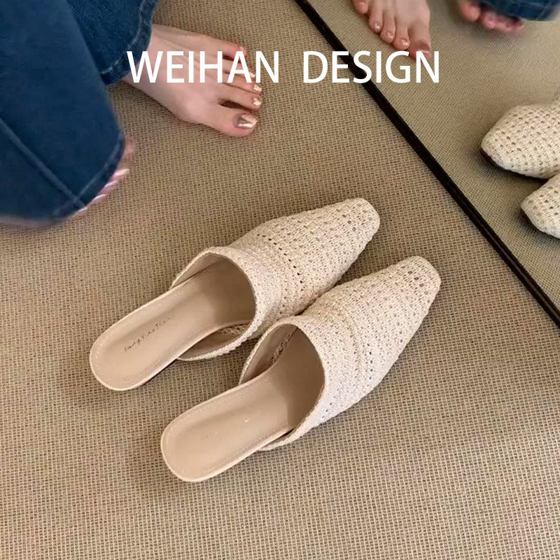 羊皮版！法式简约编织包头半拖鞋女夏外穿方头一脚蹬百搭楔型凉拖