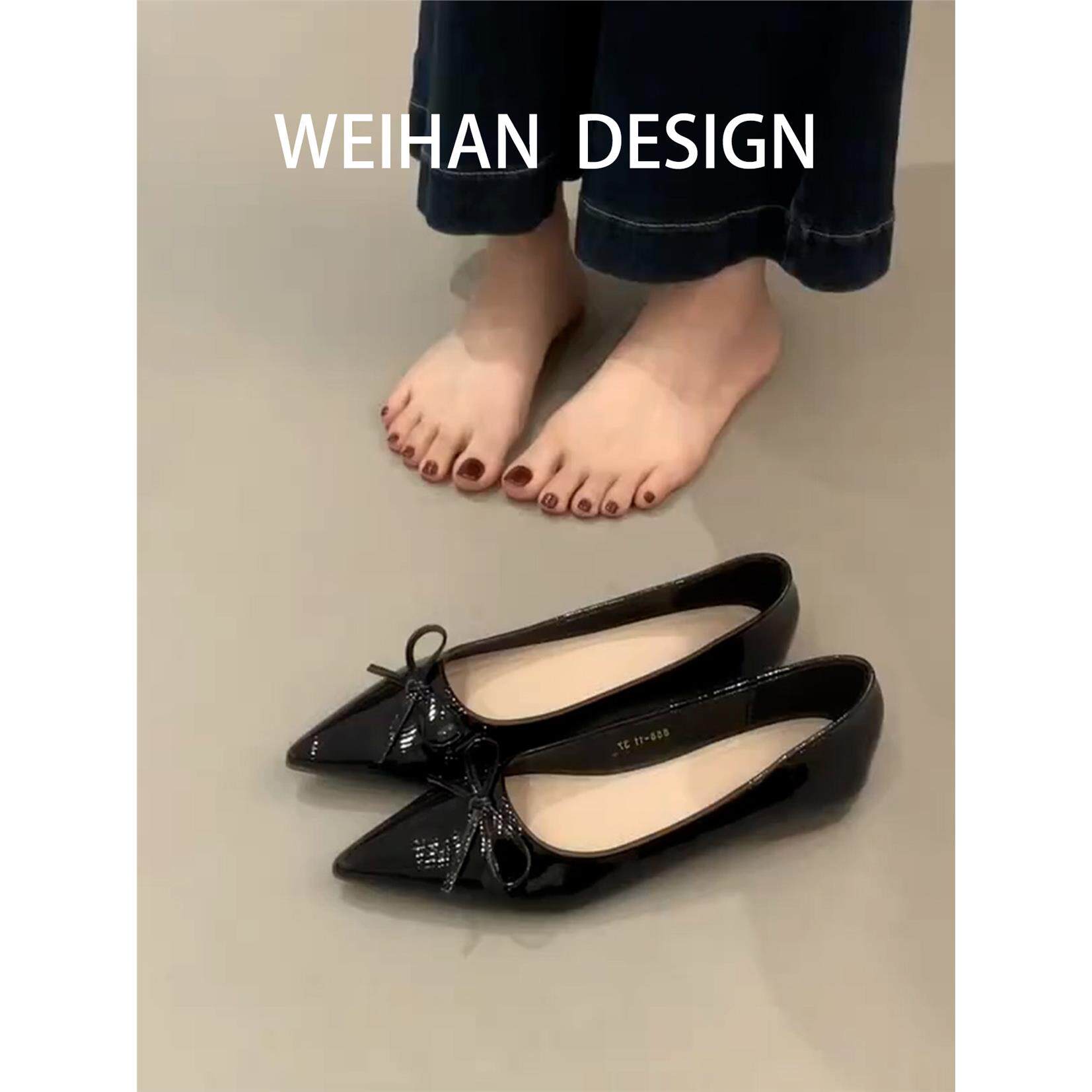 羊皮版！尖头黑色内增高浅口单鞋蝴蝶结玛丽珍晚晚鞋通勤平底瓢鞋