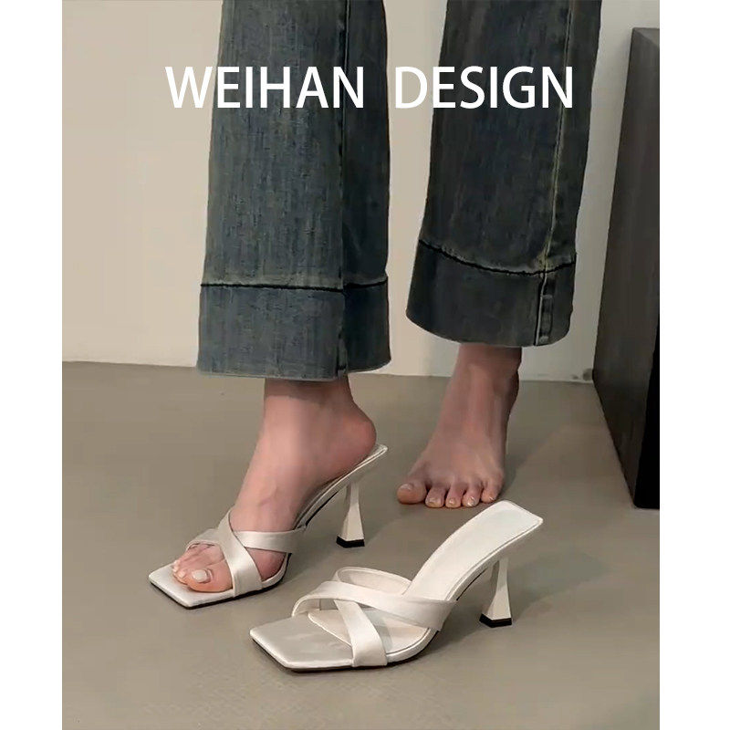 羊皮版！小众交叉方头一字拖女夏外穿细跟仙女高级感绸缎高跟凉鞋