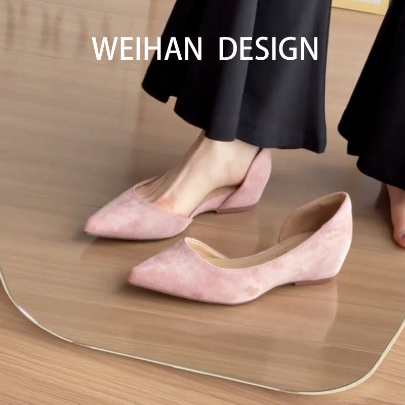 羊皮版！法式气质尖头单鞋女侧空绒面玛丽珍鞋名媛风一脚蹬平底鞋