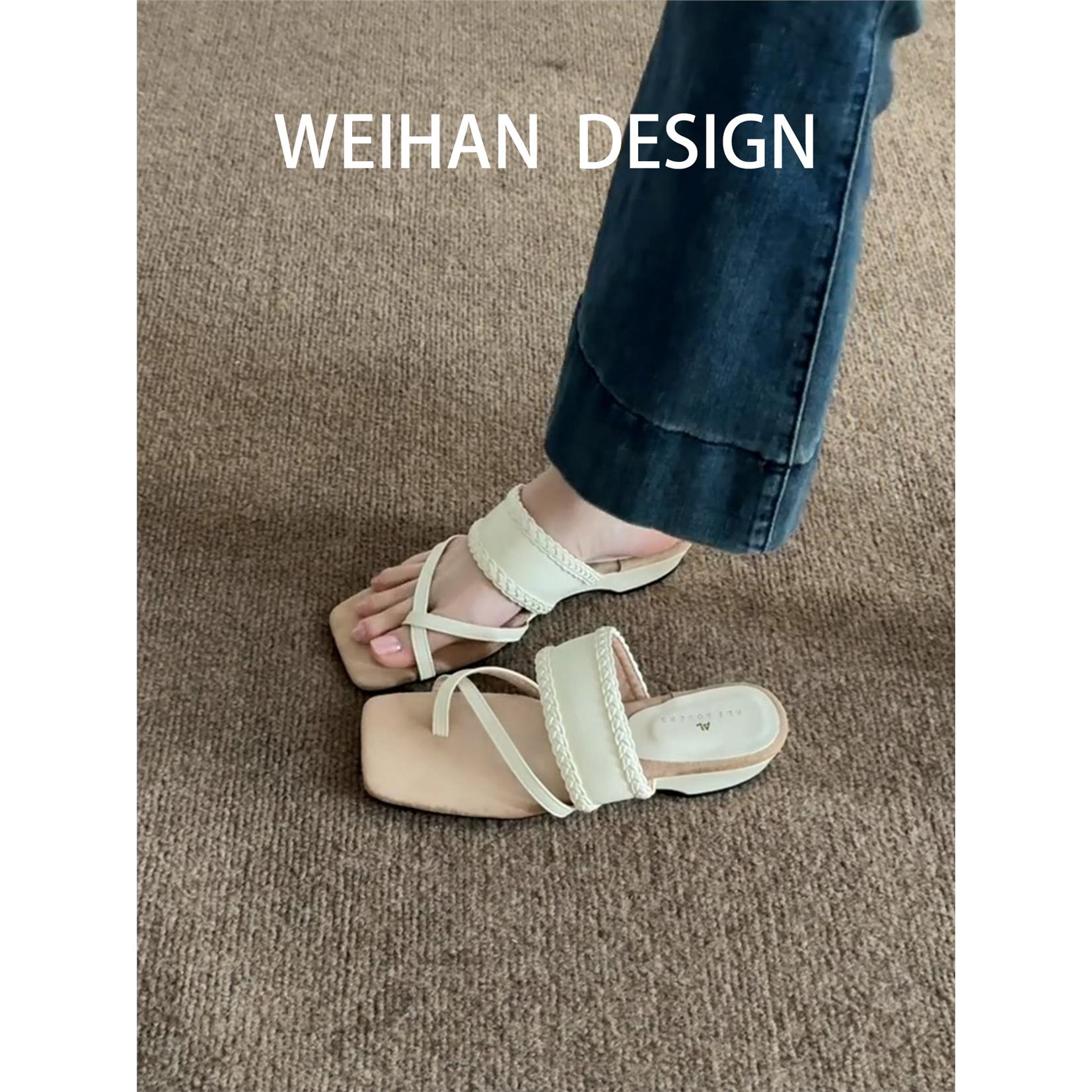 羊皮版！法式简约交叉套趾凉鞋女方头编织宽带后空一脚蹬露趾凉拖