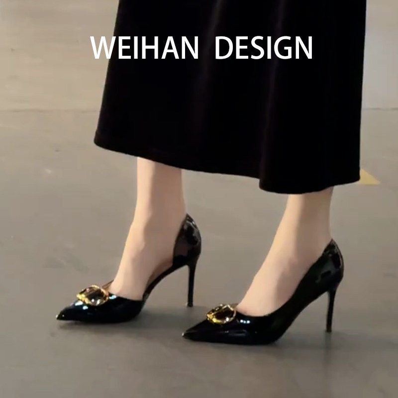 羊皮版！性感侧空尖头细跟高跟鞋女名媛风气质金属扣百搭浅口单鞋