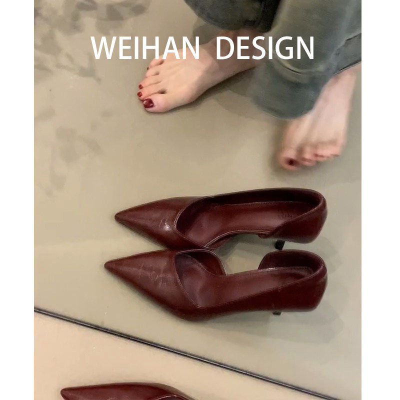 羊皮版！法式尖头高跟鞋女细跟侧空气质通勤职业复古一脚蹬单鞋