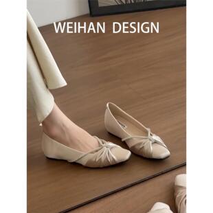 羊皮版！绸缎方头平底单鞋女气质内增高一脚蹬软底玛丽珍鞋晚晚鞋