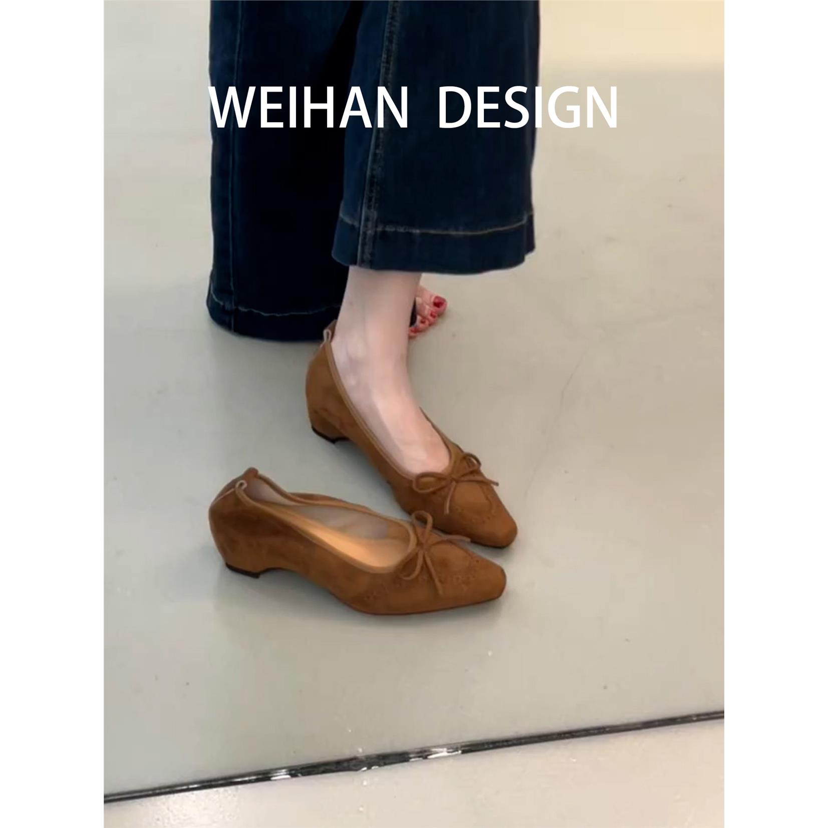 羊皮版！美拉德复古绒面浅口单鞋女布洛克雕花芭蕾风蝴蝶结低跟鞋