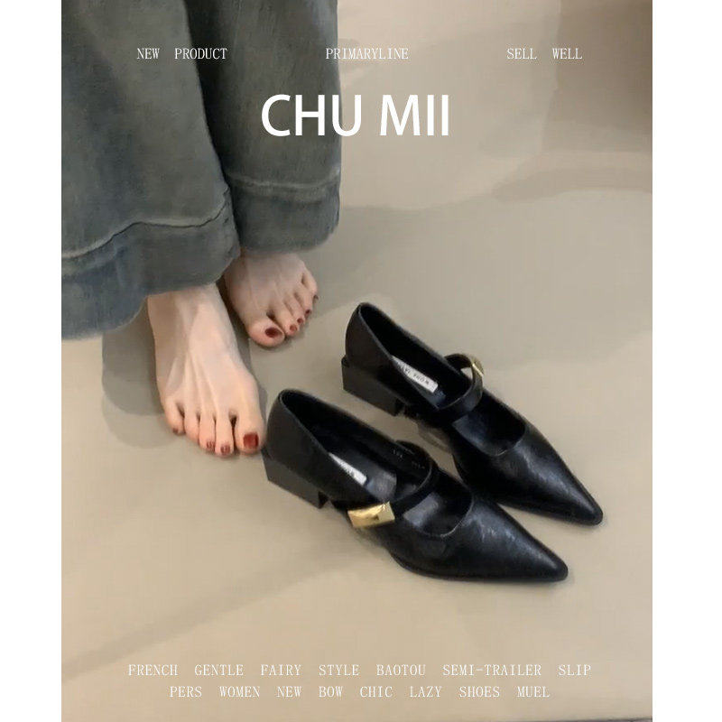 羊皮版~复古气质粗跟单鞋女百搭通勤奶奶鞋黑色尖头高跟玛丽珍鞋