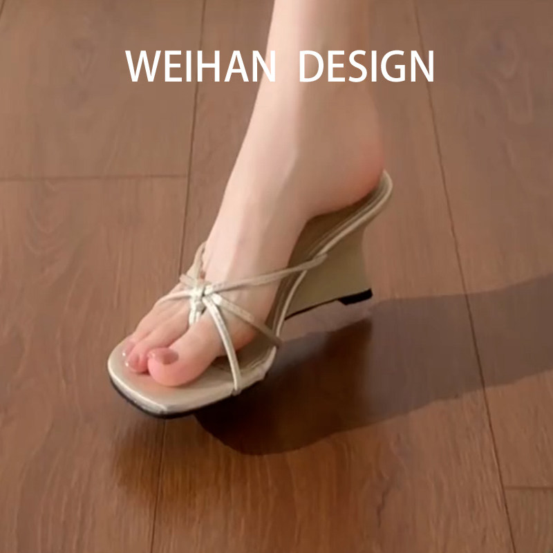 羊皮版！法式简约细带夹趾凉鞋女方头露趾外穿一脚蹬通勤楔型凉拖