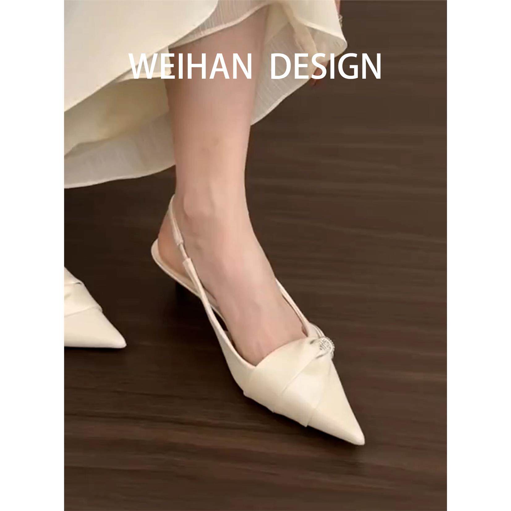 羊皮版！后空尖头水钻低跟包头凉鞋粉色细跟单鞋配裙子法式高跟鞋