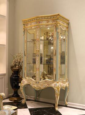 欧式法式客厅设YKJ计桃花心雕木刻手绘白色双酒柜璃装门饰玻柜家