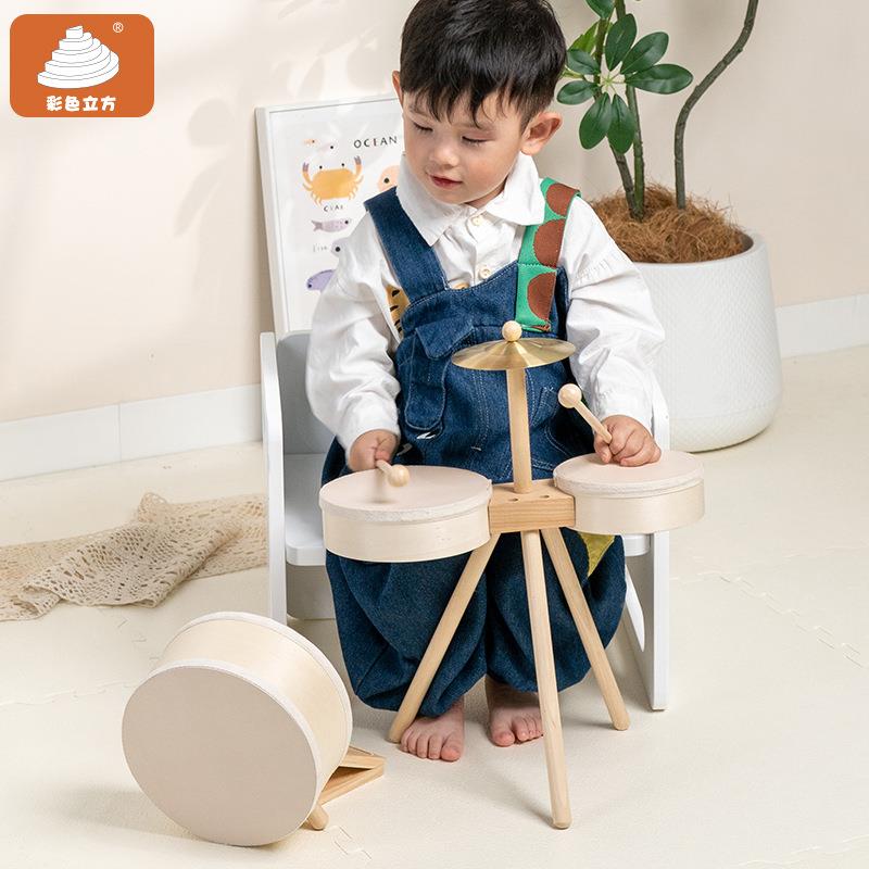 木质脚踏子鼓3-具6打岁儿童玩木圆带支架蒙特梭利YBZ音乐击玩架具