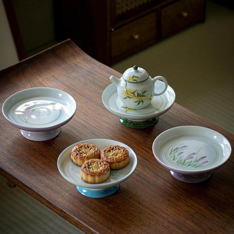 纯手绘托高足承果盘仿干古高脚泡台中式养AL691367壶垫茶盖碗底家