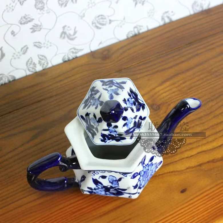 景德镇手绘高温青花瓷陶瓷茶壶中式风格单个茶壶茶具工艺装饰摆件