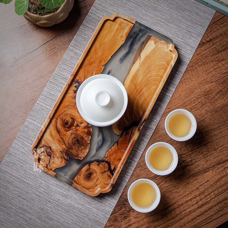 崖柏树脂干泡台日式木质托盘手工实木壶承小茶盘 托盘干泡台长方