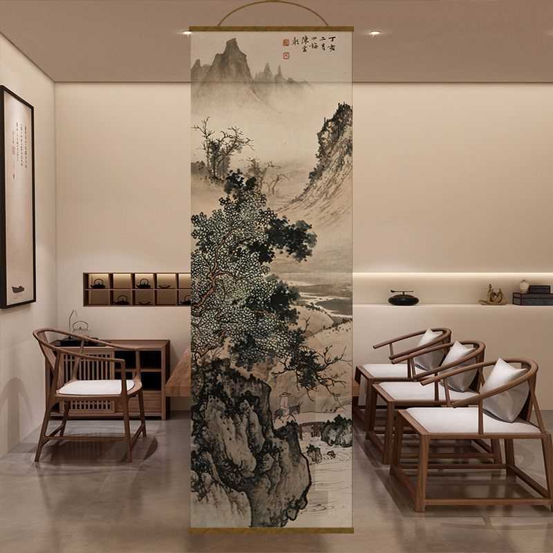 水墨书法字体双面透景屏风纱中式卷帘隔断帘挂帘窗帘玄关透光纱帘