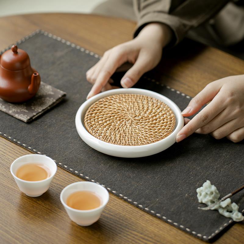N德化白瓷茶承壶承干泡台丝瓜络藤编茶垫茶壶垫托羊脂玉盖碗壶