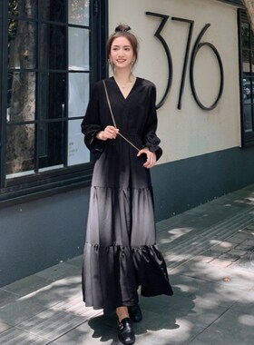 速发法式V4黑色连衣裙202领大码遮通a字裙肚勤气质长裙