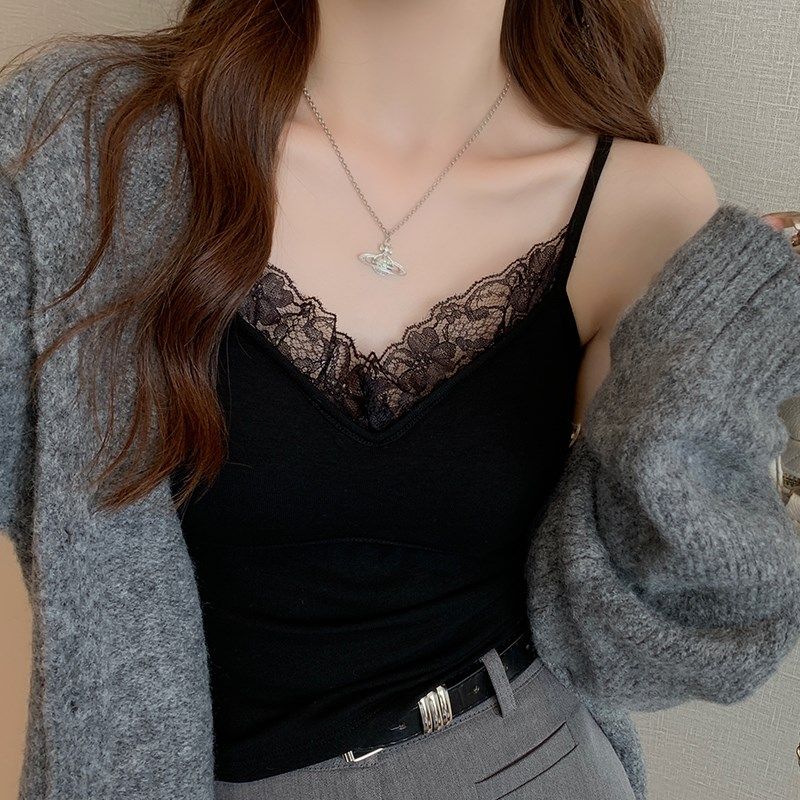 速发黑色吊带背心秋绒加底磨毛内搭带胸垫蕾丝打厚衫高级感毛冬上