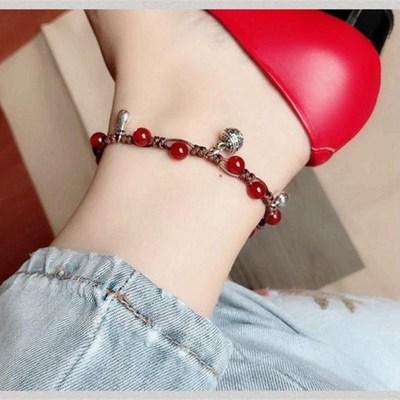 速发脚链铃铛复古宫铃玛瑙编织可调节脚环有声音学生性感配饰