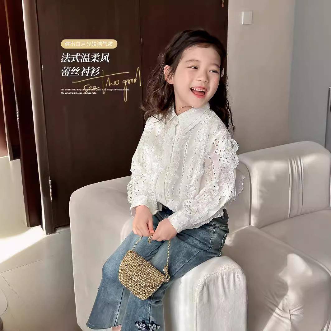 女童衬衫2024春装新款韩版童装甜美蕾丝娃娃衫宝宝长袖儿童上衣潮
