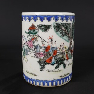 速发古玩收藏瓷器人送笔筒摆设仿瓷粉器彩麒麟物子图纹笔筒摆件