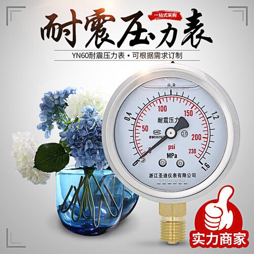 圣迪YN60耐震压力表径向耐抗震60mm真空负压油水压表 M14*1.5 1/4