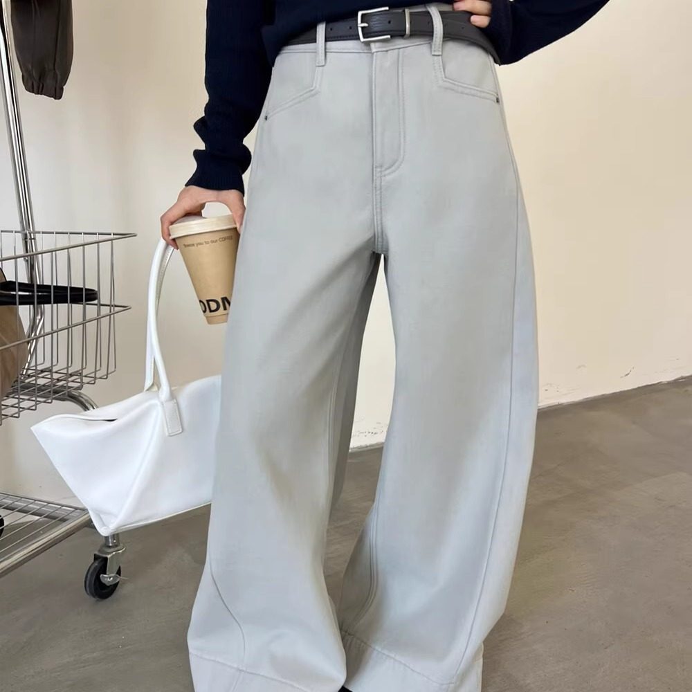 冬季加绒高腰阔腿牛仔裤小个子