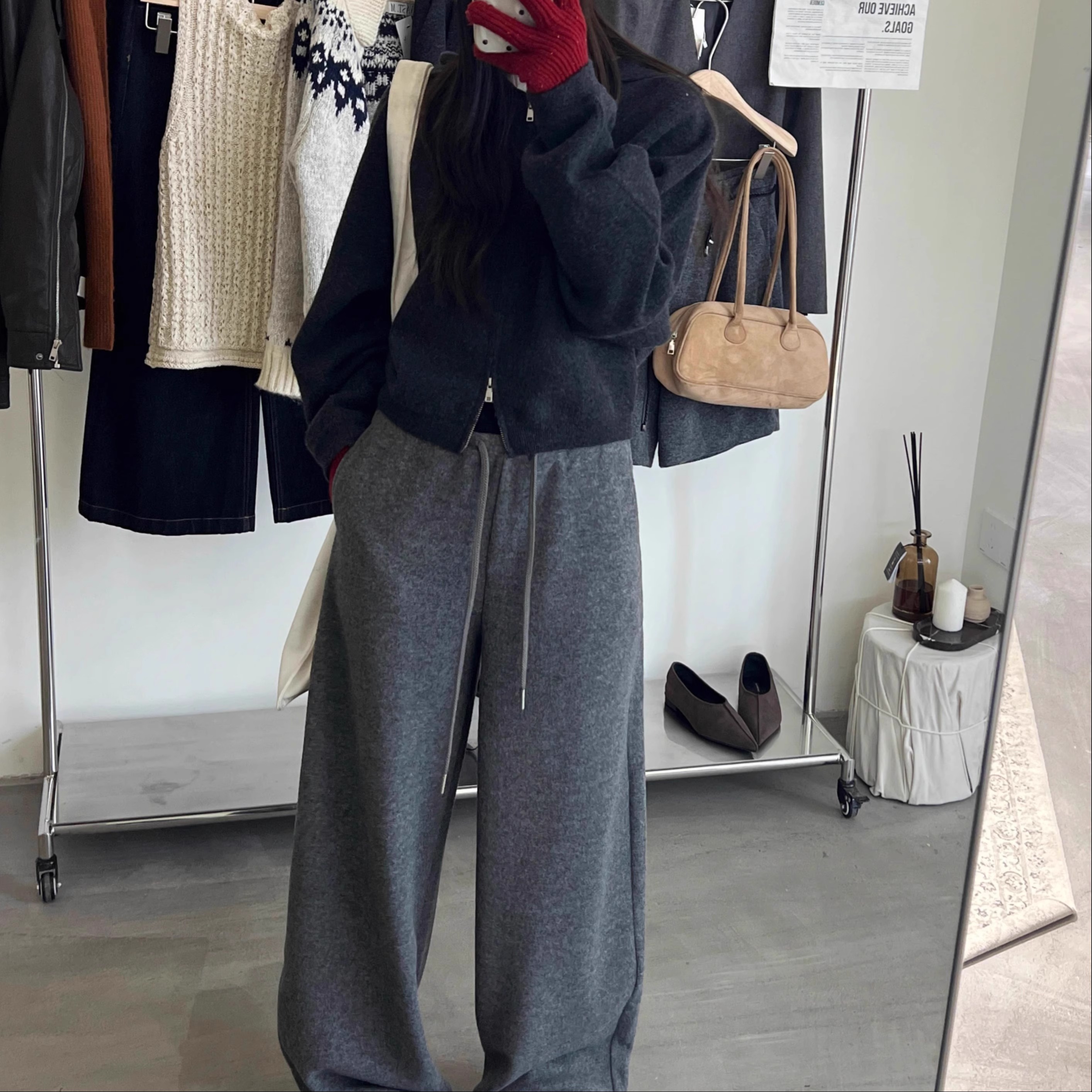 冬季羊绒毛呢加厚加绒软糯阔腿裤