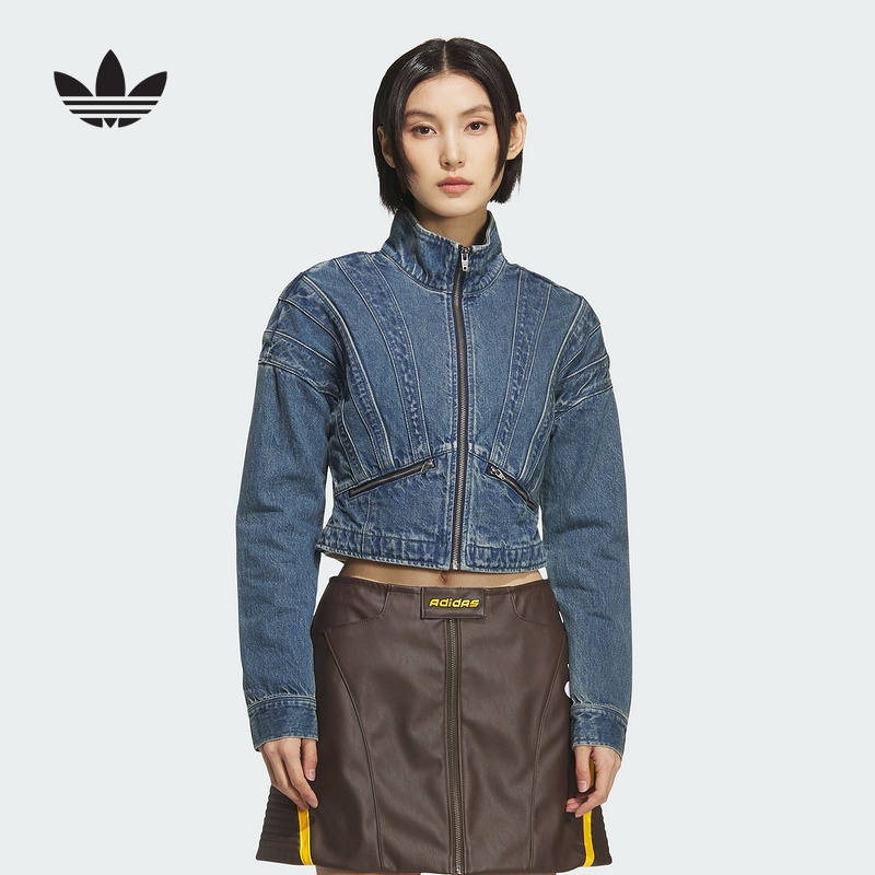 adidas阿迪达斯三叶草短款修身夹克2025秋女DENIM牛仔外套 KH1183